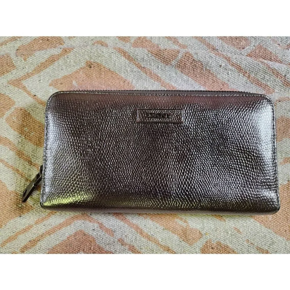 DKNY EMBOSSED METALLIC LEATHER  ZIP AROUND WALLET CLUTCH GUNMETAL #A69